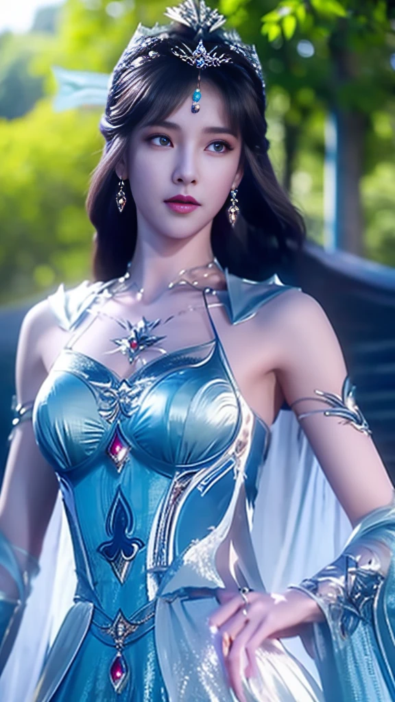 8k, masterpiece, a close up of a woman in a rainbow dress, perfect front body, bare thigh, ((very long hair)), a beautiful fantasy empress, ((blue fantasy dress:1.5)), beautiful fantasy maiden, fantasy art style, trending on cgstation, beautiful and elegant elf queen, beautiful maiden, shining skin, intricate ornate anime cgi style, ((a beautiful blue empress)), beautiful alluring Realistic woman, shining skin, in the park, sun shining, Realistic shadow, front body,