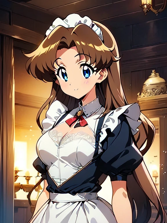 18 year old beautiful girl, big eyes, Big breasts, small and slender, 8 K, top quality, (very detailed chapter: 1.0), (very detailed face: 1.0), (Very Detailed Hair: 1.0), Maid clothes, Very detailed formalization, anime mo art style, clean detailed anime art, smile, Golden hair, smooth long hair