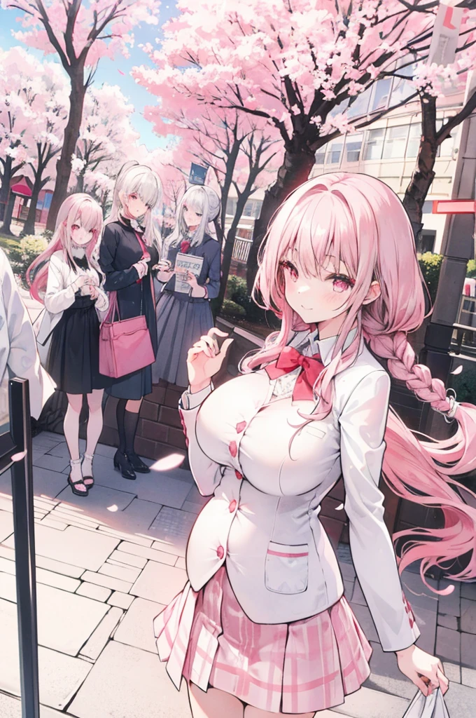 Young Girls, Red silver hair, Pink Eyes,Beautiful and delicate eyes, Huge Breasts, Long hair,European braid hairstyle, a happy expression, White shirt,White Blazer, Black mini skirt, (cherry blossom garden )，Pregnant