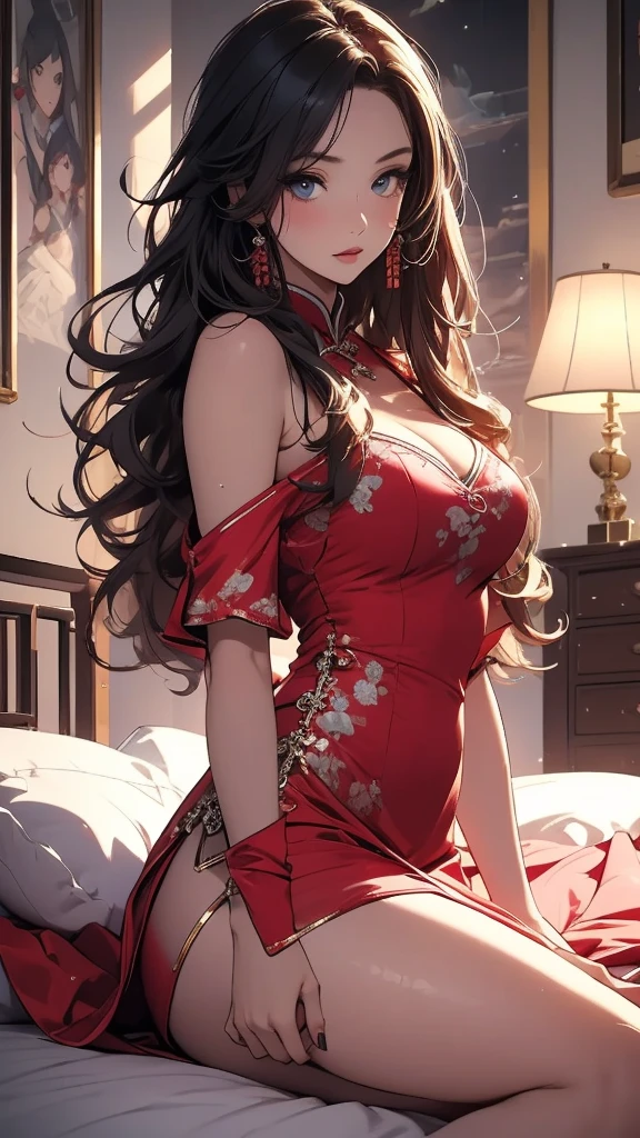 masterpiece,8k,high quality,full body:1.7,clean blue eyes,open red mouth,red tiek,Very calm and gentle expression,many sparking picture,,silky white wet skin,open mouth,biggest large brest,tight west,very sparking pink clothes,a woman in a pink sparking chinese dress sitting on a bed,Sheer off-the-shoulder peach lace chinese princess tulle dress,an anime drawing, by Yang J, fantasy art,red bra, render of a cute 3d anime chinese girl, artgerm and william bouguereau,long wavy shyny black pink hair,nightcore, beautiful detailed body and face, beautiful avatar pictures, high quality detailed anime,chinese cute girl,wide angle landscape view:1.6,chinese gorgeous bedroom,