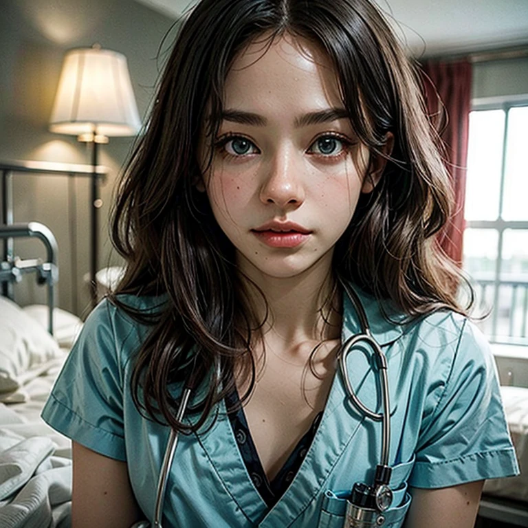 Beautifully detailed nurse、One girl、Nurse uniform、Stethoscope、hospital、Medical equipment、Very detailedな顔、Beautifully detailed eyes、Beautifully detailed lips、Very detailedで複雑な顔の特徴、Photorealistic、8k、Highest quality、masterpiece、Cinematic lighting、Dramatic lighting、Bright colors、Real、Very detailed