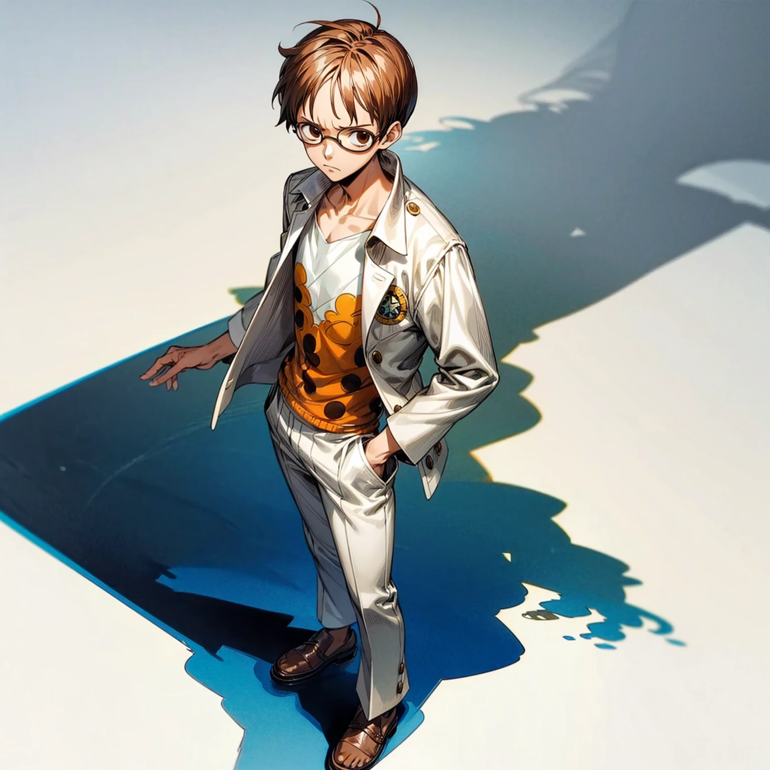 Grassroot, full body version, solo, kid boy, glasses , brown colour hair, short haircut, white suit clothing, (one piece style art), standing gesture, shadow, white background 