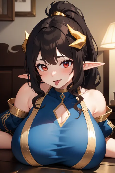 medieval background, dark brown hair, gold dragon horns, elf, red eyes, coy, tongue out, ponytail, curly hair, long hair, ((blue dress)), shoulders, gold trim, black choker, blushing heavily, huge breasts, 1girl, laying down, face focus