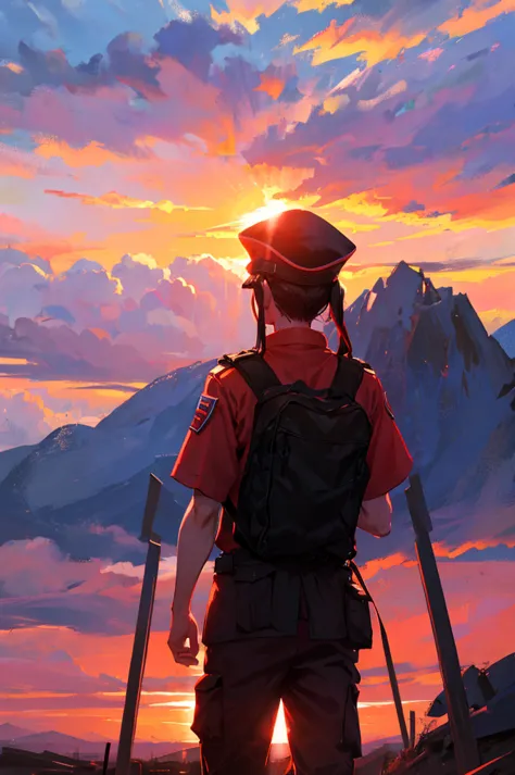 Background is red sunset，A soldier stands on a hill with his back to the screen and salutes the sun