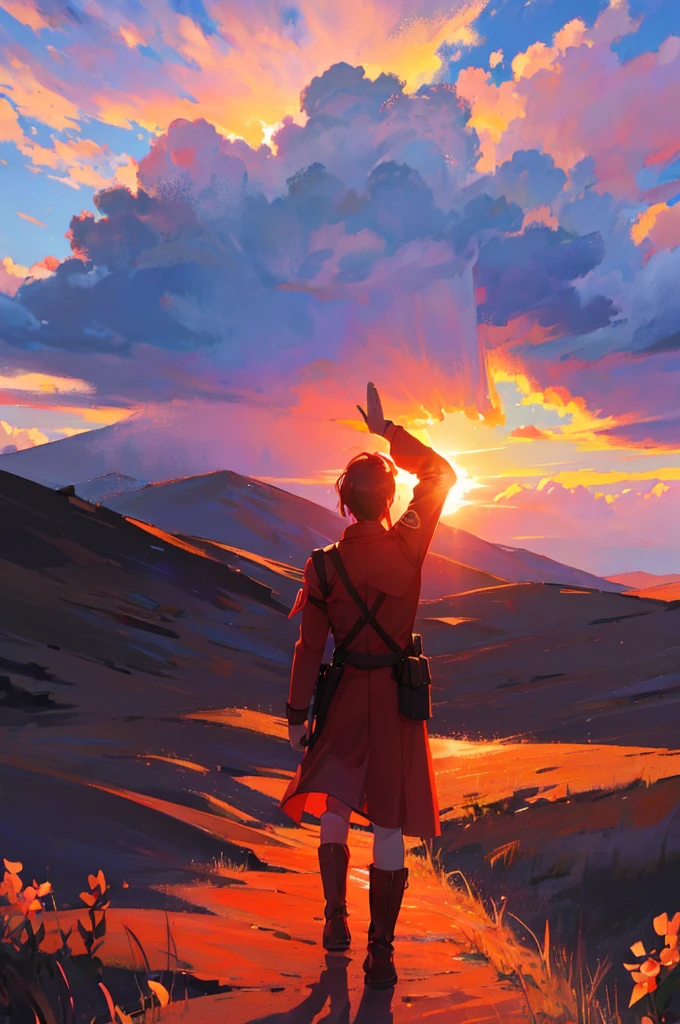 Background is red sunset，A soldier stands on a hill with his back to the screen and salutes the sun