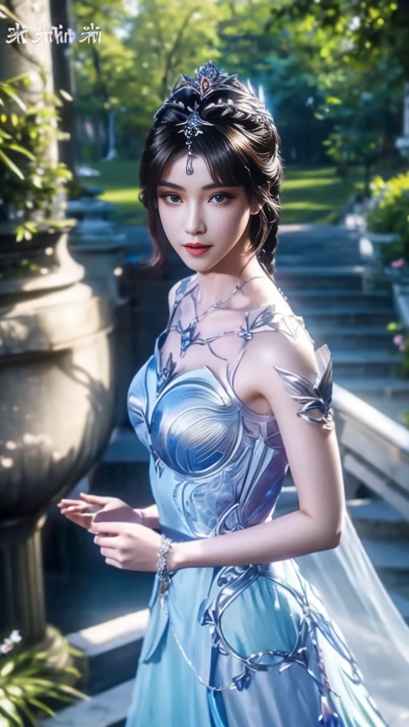 8K, UHD, Masterpiece, best quality, 1 girl, good face, detailed eyes, very long hair, detailed lips, medium breasts, realistic, xiao wu fantasy dress, blue dress, bare waist, lace, double shade dress, beautiful fantasy, fantasy empress, beautiful alluring Realistic girl, shining skin, in the park, sun shining, Realistic shadow, depth of field, ray tracing, god rays, bloom, anti-analysis, bokeh effect, direct-x 2.0,