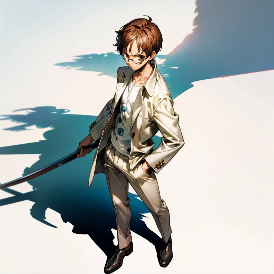 Grassroot, full body version, solo, kid boy, glasses , brown colour hair, short haircut, white suit clothing, (one piece style art), standing gesture, shadow, white background 