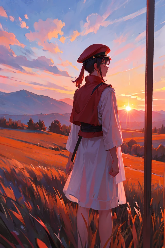 Le fond est un coucher de soleil rouge，Un soldat chinois se tient sur une colline, dos à l&#39;écran et face au soleil。