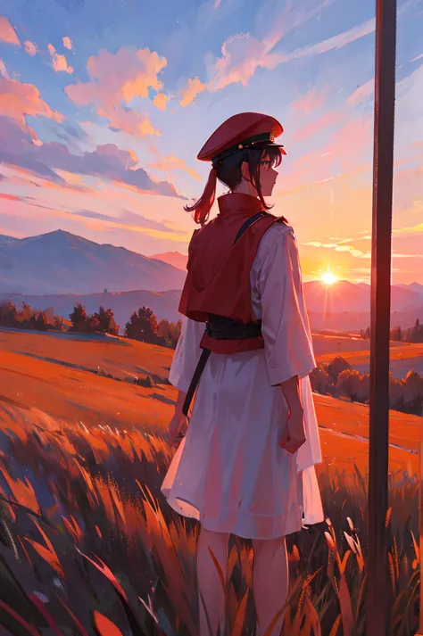Background is red sunset，A Chinese soldier stands on a hill with his back to the screen and facing the sun。