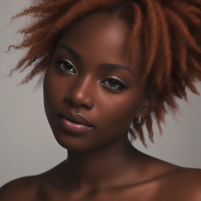 Best quality, masterpiece, ultra detailed, ideal, Beautiful black woman, Close-up, HDR, portraits, elegant pose, charming realistic expressive amber brown eyes, tousled short fiery scarlet hair, full sensual lips, romantic lighting