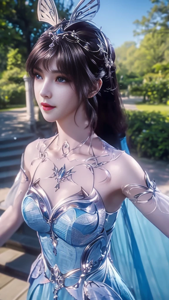 8K, UHD, Masterpiece, best quality, 1 girl, good face, detailed eyes, very long hair, detailed lips, medium breasts, realistic, xiao wu fantasy dress, blue dress, bare waist, lace, double shade dress, beautiful fantasy, fantasy empress, beautiful alluring Realistic girl,  shining skin, intricate ornate anime cgi style, shining skin, in the park, sun shining, Realistic shadow, depth of field, ray tracing, god rays, bloom, anti-analysis, bokeh effect, direct-x 2.0,