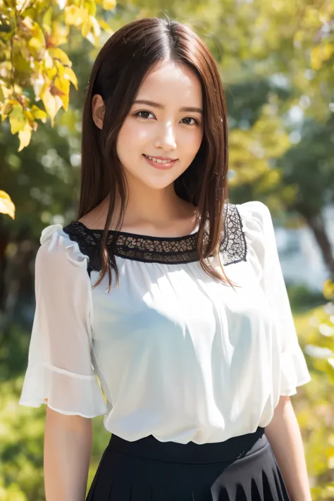 (Highest quality、Tabletop、8k、Best image quality、Hyperrealism)、Accurate anatomy、Biggest Smile、Upper body photo、(see-through ruffle blouse:1.2)、(Elegant and cute flat skirt:1.2)、Blurred natural park background、Are standing