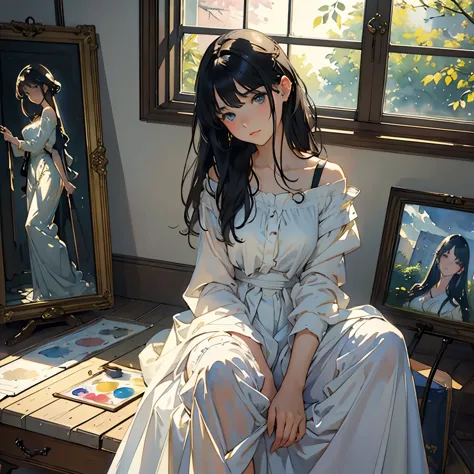 (a very beautiful 17-year-old girl paints a life-size portrait of herself on canvas:1.2), (full body portrait:1.2)、(an incomplet...