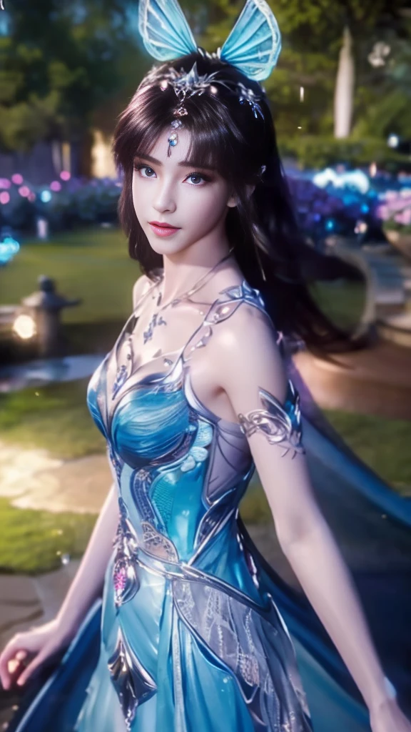 ((8K, UHD, Masterpiece, extreme quality)), 1 girl, good face, detailed eyes, very long hair, detailed lips, medium breasts, realistic, xiao wu fantasy dress, ((blue fantasy dress)), ((glowing dress)), ((bare waist)), ((lace)), ((double shade dress)), beautiful fantasy, fantasy empress, beautiful alluring Realistic art,  shining skin, intricate ornate anime cgi style, shining skin, in the park, ((raining)), Realistic shadow, depth of field, ray tracing, god rays, bloom, anti-analysis, bokeh effect, direct-x 2.0, looking at the audience,