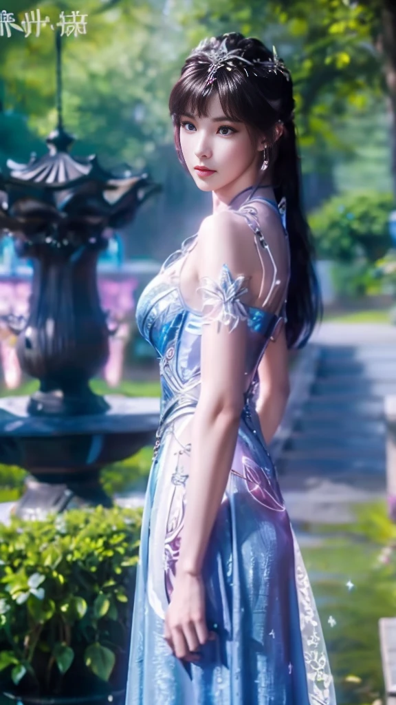 ((8K, UHD, Masterpiece, extreme quality)), 1 girl, good face, detailed eyes, very long hair, detailed lips, medium breasts, realistic, xiao wu fantasy dress, ((blue fantasy dress)), ((glowing dress)), ((bare waist)), ((lace)), ((double shade dress)), beautiful fantasy, fantasy empress, beautiful alluring Realistic art,  shining skin, intricate ornate anime cgi style, shining skin, in the park, ((raining)), Realistic shadow, depth of field, ray tracing, god rays, bloom, anti-analysis, bokeh effect, direct-x 2.0, looking at the audience,