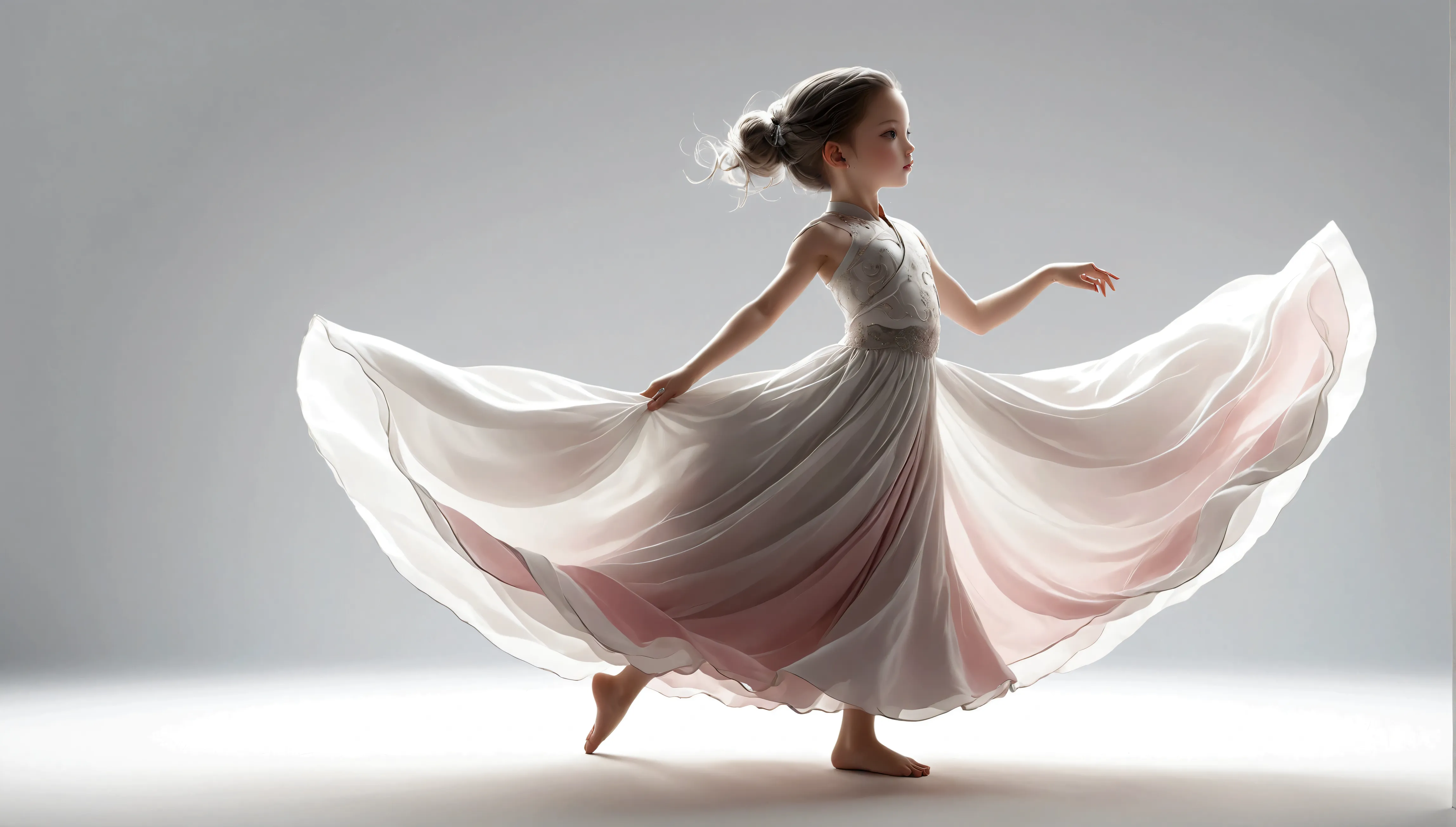 dance photography：a little girl，solitary；a dancing little girl；[long skirt elegant style，gray pink and white gradient，traditiona...