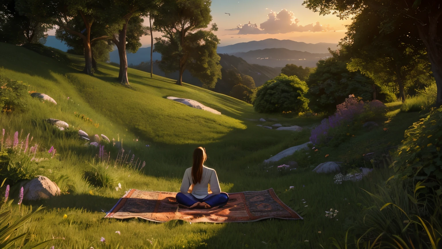 a highly detailed person meditating on a hill, wide clothing, cinematic lighting, intricate details, photorealistic, 8k, ultra-detailed, masterpiece, dramatic colors, warm tones, chiaroscuro lighting, peaceful atmosphere, serene expression, spiritual energy, natural environment, lush greenery, rolling hills, tranquil landscape