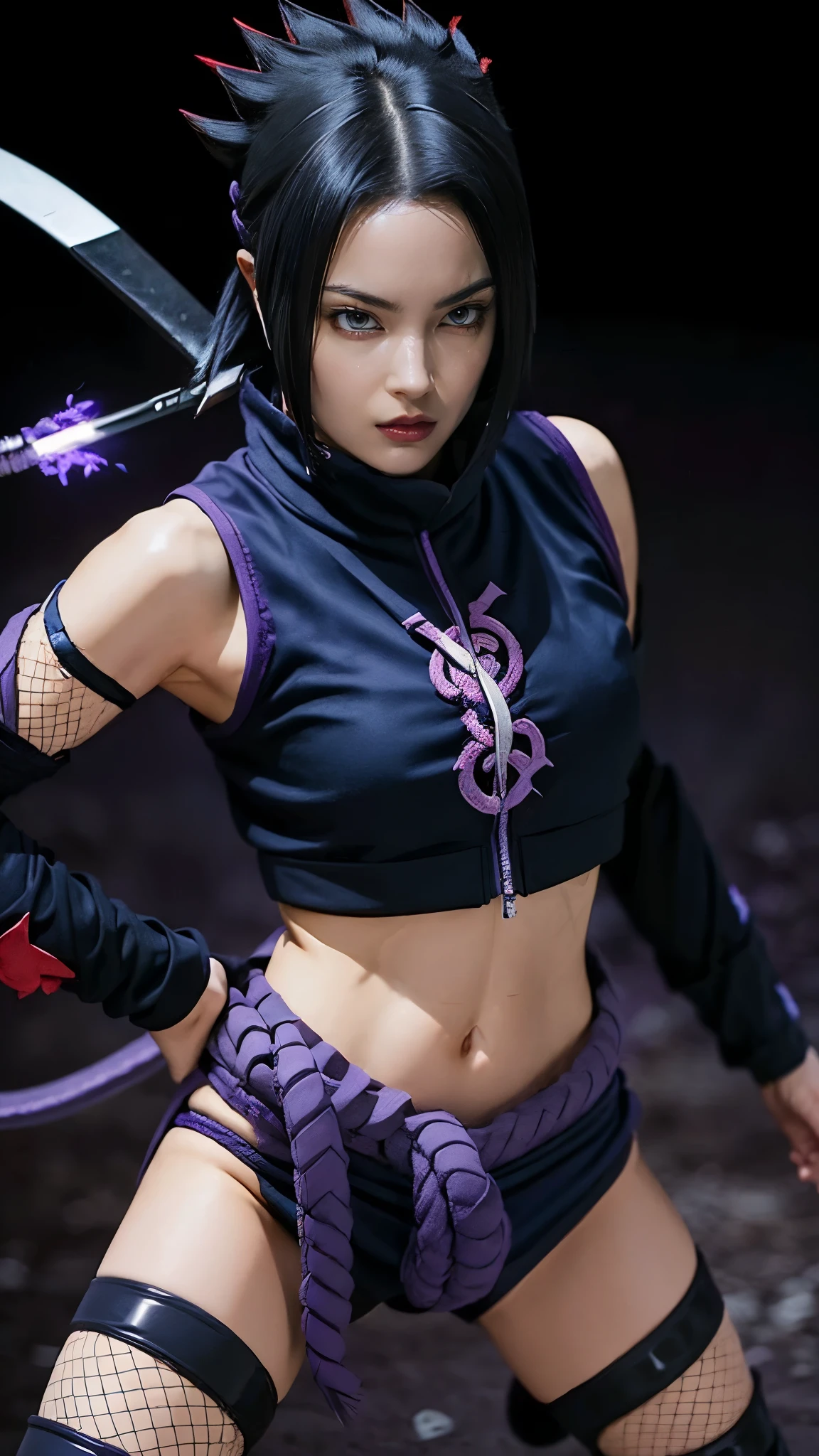 Moisturized skin, (red eyes: 1.4), perfect body, adult female body, mature, cold expression,
BREAK,
(beautiful navel), (kunoichi), (ninja), sexy, (kunai), (leather), fishnet, (fishnet stockings: 1.2), (black clothes), bright red lipstick, (ninja clothes: 1.4),
BREAK,
(highly realistic hair: 1.2), spiky black hair, spiky hairstyle, ((headgear)),
BREAK,
((masterpiece + highest quality + high resolution + highly detailed)), (full body: 1.2), symmetrical, one shot,
BREAK,
(real blue electricity flows), (wind blows), (battle stance: 1.4), ((big full moon in the sky)),
BREAK,
(Uchiha Sasuke: 1.3), elegant, neon city, night, long, big, thick rope tied around waist, ((real purple electricity runs all over)),