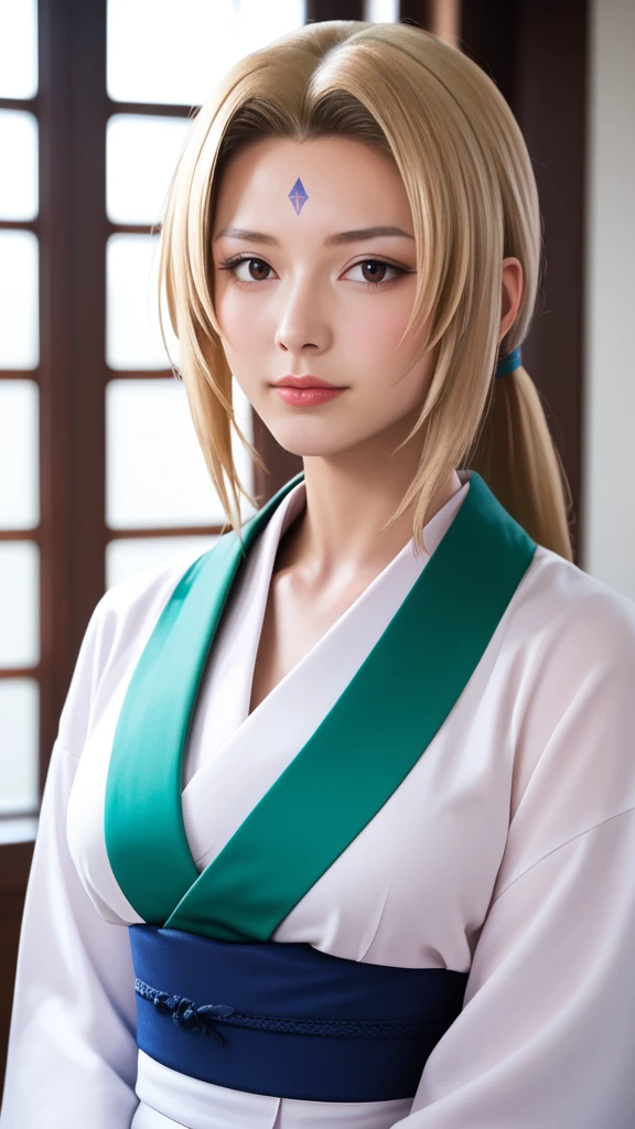 score_9, score_8_up, score_7_up, score_6_up, Photorealistic, real photo, god rays, highres, sharp focus, pixiv masterpiece, ((intricate details)), highly detailed,  upper body, 1girl, mature, blonde hair, blue forehead mark,white kimono, green jacket, sash, tsunade_senju, 