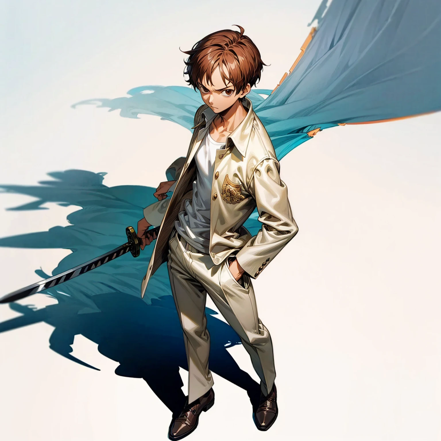 Grassroot, full body version, solo, boy, brown colour hair, short haircut, white suit clothing, (one piece style art), standing gesture, shadow, white background, Sword in hand 