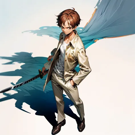 grassroot, full body version, solo, boy, brown colour hair, short haircut, white suit clothing, (one piece style art), standing ...