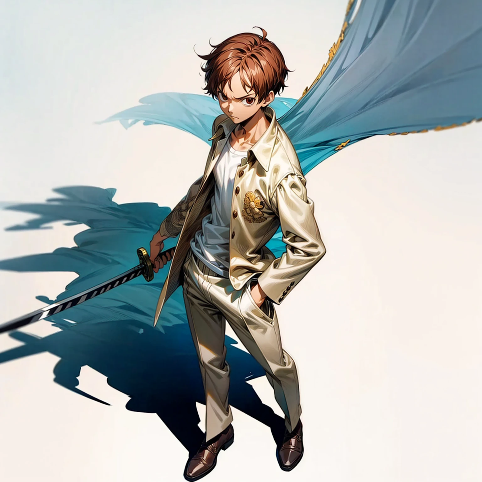 Grassroot, full body version, solo, boy, brown colour hair, short haircut, white suit clothing, (one piece style art), standing gesture, shadow, white background, Sword in hand 