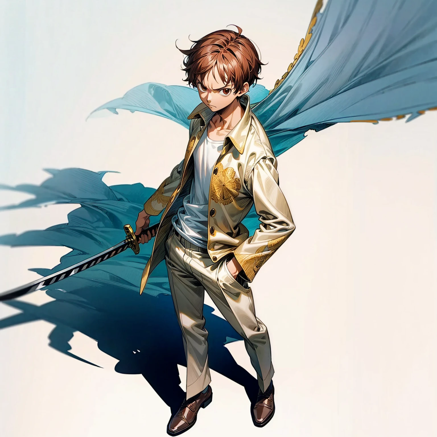 Grassroot, full body version, solo, boy, brown colour hair, short haircut, white suit clothing, (one piece style art), standing gesture, shadow, white background, Sword in hand 