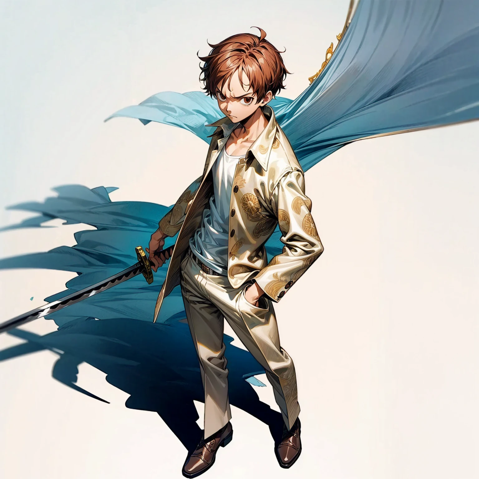 Grassroot, full body version, solo, boy, brown colour hair, short haircut, white suit clothing, (one piece style art), standing gesture, shadow, white background, Sword in hand 