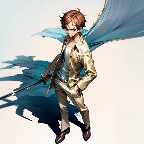 grassroot, full body version, solo, boy, brown colour hair, short haircut, white suit clothing, (one piece style art), standing ...