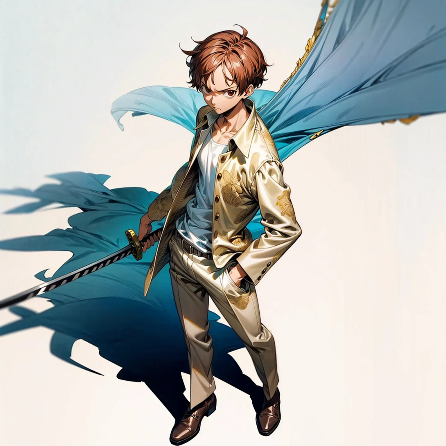 Grassroot, full body version, solo, boy, brown colour hair, short haircut, white suit clothing, (one piece style art), standing gesture, shadow, white background, Sword in hand 