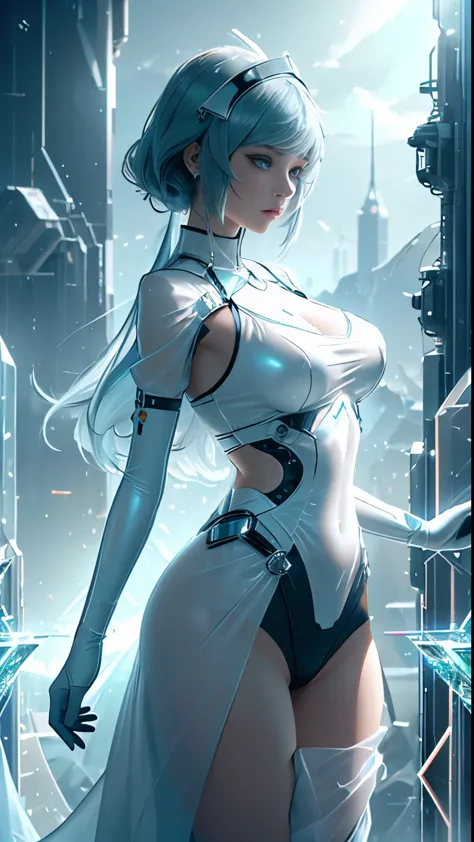 A translucent and mysterious mechanical girl，Futuristic Girl，nurse, Mechanical joint，Futuristic city background，Model shooting style, (Highly detailed CG Unity 8k wallpaper), The beauty of abstract stylization,，Surrealism, 8k, Super Detail, Highest quality, Awards, Anatomically correct, 16K, Super Detail, (Beautiful face and eyes, double eyelid,Delicate skin,Cool Beauty,Tall Girl ,Slim figure, nurseの制服),Large Breasts