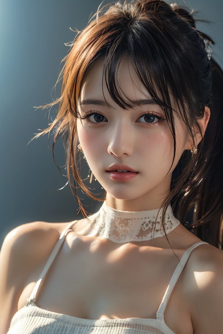 (RAW photo, best quality),(realistic, photo-realistic:1.3), masterpiece, an extremely delicate and beautiful, extremely detailed, CG, unity , 2k wallpaper, Amazing, finely detail, light smile, extremely detailed CG unity 8k wallpaper, huge filesize, ultra-detailed, highres, absurdres, soft light, ponytail, short bang, blonde hair, floating hair novafrogstyle, beautiful detailed girl, detailed fingers, extremely detailed eyes and face, beautiful detailed nose, beautiful detailed eyes, long eyelashes, light on face, looking at viewer, closed mouth, 1girl, cute, young, mature face, full body, small breasts, realistic face, realistic body, beautiful detailed thigh, ulzzang-6500-v1.1, lora:koreanDollLikeness_v15, costume : crop top, aqua eyes