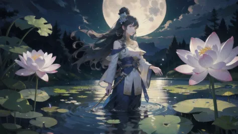 ((highest quality, masterpiece, esoteric, super resolution)) moonlight over the lotus pond, green and blue, lotus flower in full...