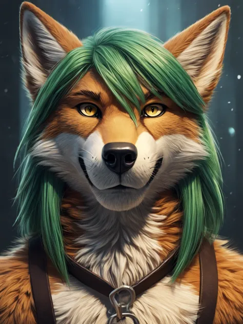 anthro wolf man furry detailed fur long fur long hair realistic fur digital art, araffe with green hair and yellow eyes, headsho...