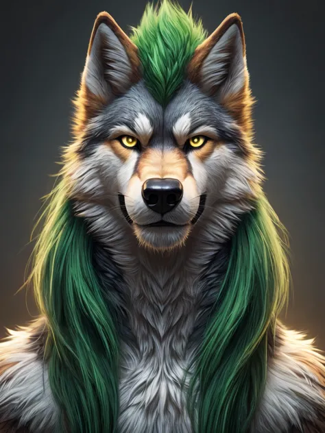anthro wolf man furry detailed green fur long green fur long hair realistic fur digital art, araffe with green hair and yellow e...