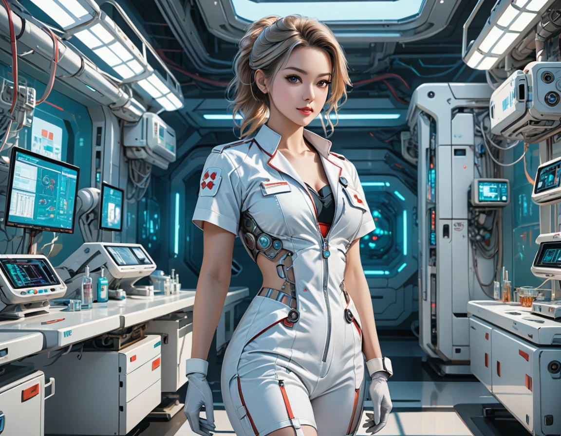 a picture of mech nurse in a futuristic hospital, exquisite beautiful nurse,  dynamic hair style, ((full body shot: 1.5)), ((anatomically correct: 1.5)), (ultra detailed face: 1.2), best detailed face, wearing white nurse robes, white pants, white high heels, delicate mechanical parts, she holds a syringe, cyberpunk hospital background, vibrant, Hyperrealism style, vibrant, Ultra-high resolution, High Contrast, (masterpiece:1.5), highest quality, Best aesthetics), best details, best quality, highres, ultra wide angle, 16k, [ultra detailed], masterpiece, best quality, (extremely detailed) RAW, 