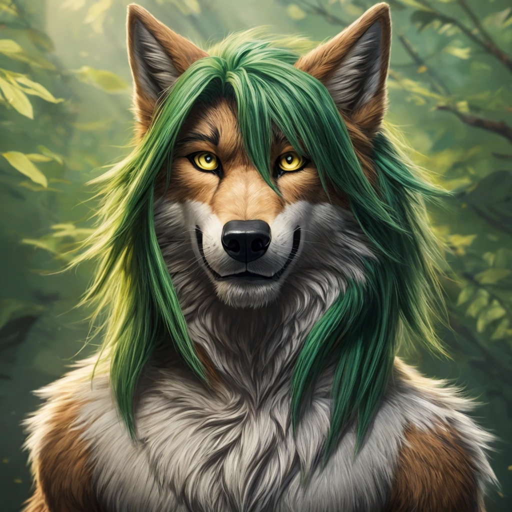 anthro wolf with green fur color, man furry detailed fur long green fur long hair realistic fur digital art, araffe with green hair and yellow eyes, headshot of young male furry, fursuit, furry fursona, furry character portrait, fursuit!!!!, pov furry art, furry artist, furry character, fursona!!!!, furry shot, holo is a wolf man, portrait of an anthro wolf, handsome weasel fursona portrait
