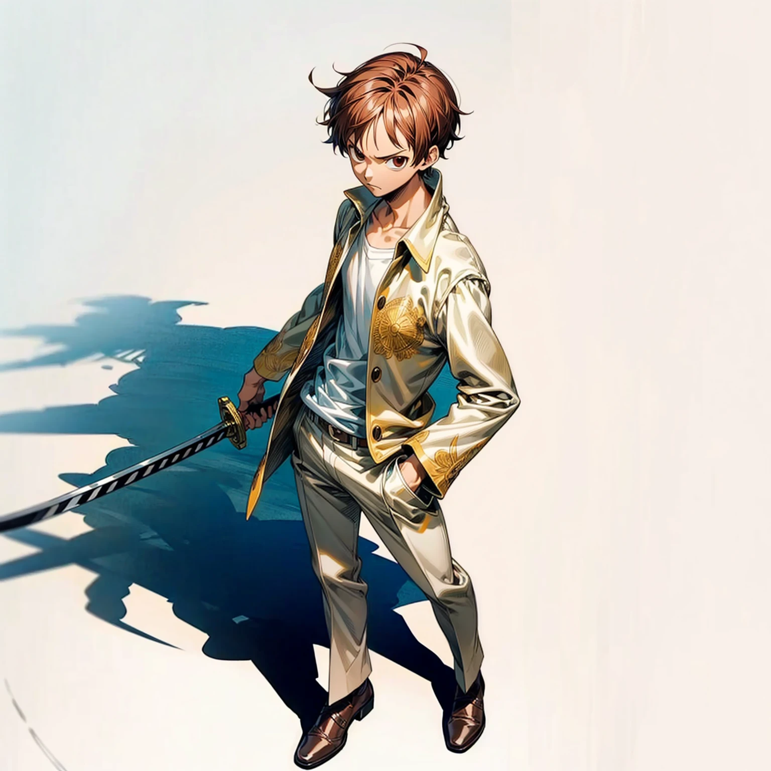 Grassroot, full body version, solo, boy, brown colour hair, short haircut, white suit clothing, (one piece style art), standing gesture, shadow, white background, Sword in hand 