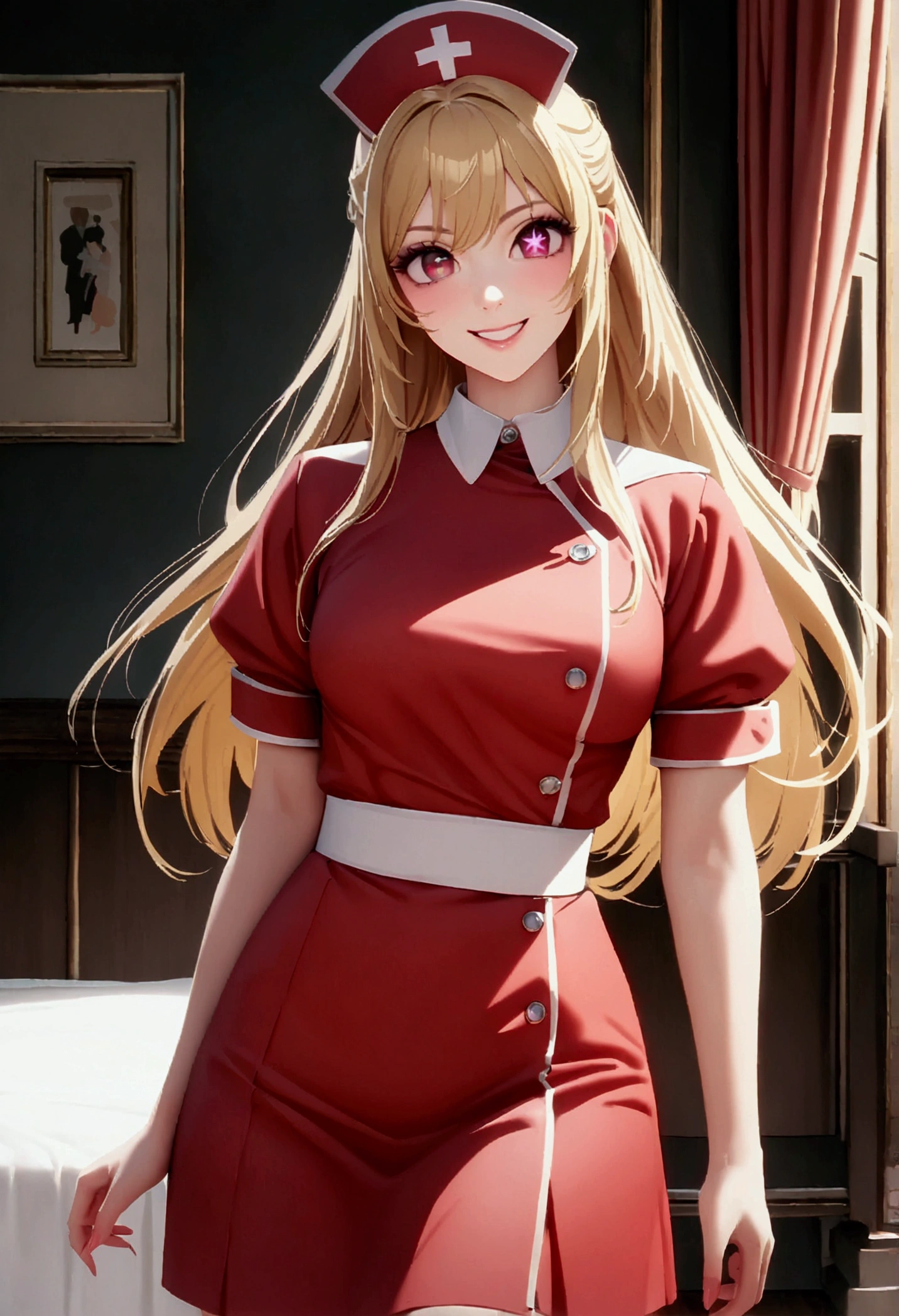 nurse cosplay, nurse outfit, hoshinoruby, star-shaped pupils, ruby_hoshino, blonde hair, bangs, 1girl, pink eyes, long hair, cowboy shot, (masterpiece), (high quality), 8K, high resolution, extremely detailed CG, photorealistic, grin, Chinese Imperial Courts,