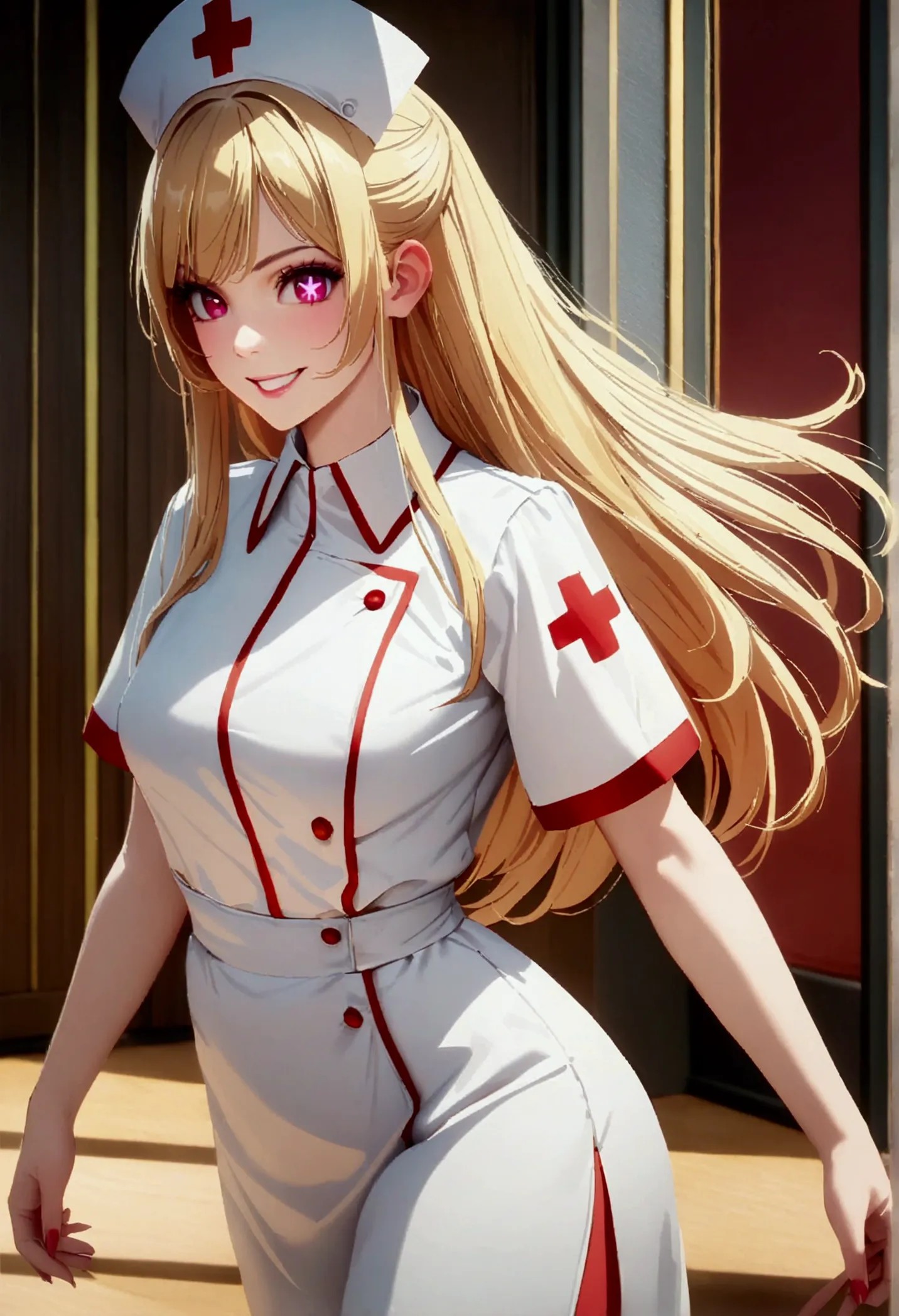 nurse cosplay, nurse outfit, hoshinoruby, star-shaped pupils, ruby_hoshino, blonde hair, bangs, 1girl, pink eyes, long hair, cow...