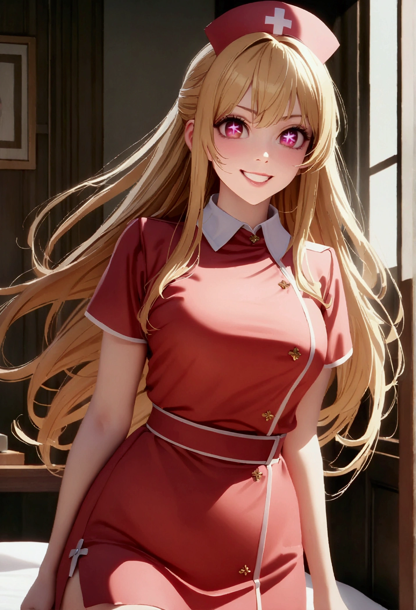 nurse cosplay, nurse outfit, hoshinoruby, star-shaped pupils, ruby_hoshino, blonde hair, bangs, 1girl, pink eyes, long hair, cowboy shot, (masterpiece), (high quality), 8K, high resolution, extremely detailed CG, photorealistic, grin, Chinese Imperial Courts,