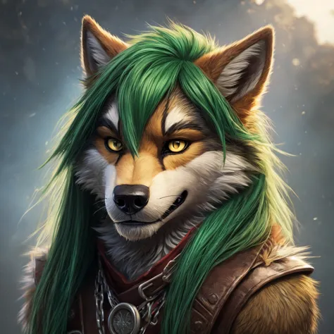 anthro green wolf with fur, man furry detailed fur long fur long hair realistic fur digital art, araffe with green hair and yell...