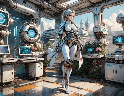 a picture of mech nurse in a futuristic hospital, exquisite beautiful nurse,  dynamic hair style, ((full body shot: 1.5)), ((ana...