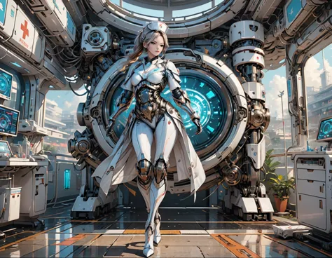 a picture of mech nurse in a futuristic hospital, exquisite beautiful nurse,  dynamic hair style, ((full body shot: 1.5)), ((ana...