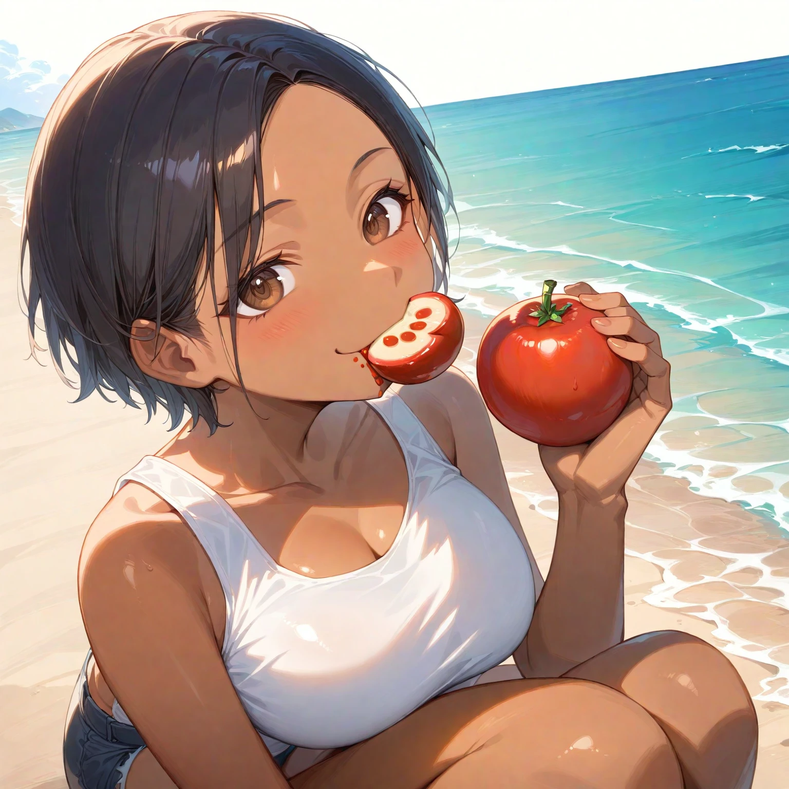  score_9, score_8_up, score_7_up, source_anime, high res image, masterpiece, best quality, 1 girl, Brown skin, shiny hair, ultra detailed eyes, eye highlights, short hair, black hair, brown eyes, white tank top, short shorts, smile,face focus、 (eating tomato:1.1), holding tomato with both hands, ocean