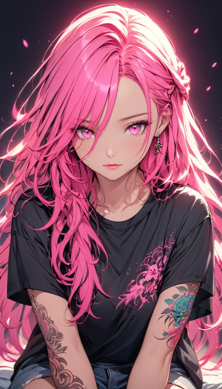 "A digital illustration of a girl with long hair, illuminated by a pink neon glow. The girl has a serene expression and is wearing a black cropped t-shirt, with a detailed tattoo on his arm. The background is dark, highlighting the bright neon colors and artistic style of the illustration. The drawing style is similar to that of a Pixiv artist."