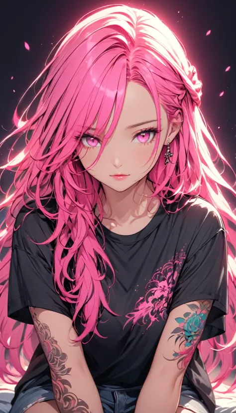 "a digital illustration of a girl with long hair, illuminated by a pink neon glow. the girl has a serene expression and is weari...