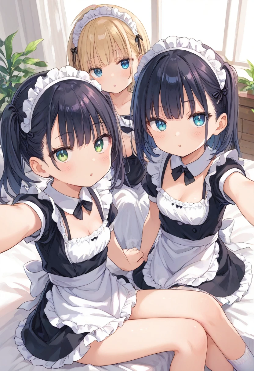 score_9, 1girl,  (diverse facial features:1.2), cleavage, clothes lift, small breasts, sitting, on side, maid, maid suits, skinny, looking at viewer, parted lips, (expressive eyes:1.2), selfie, reaching out