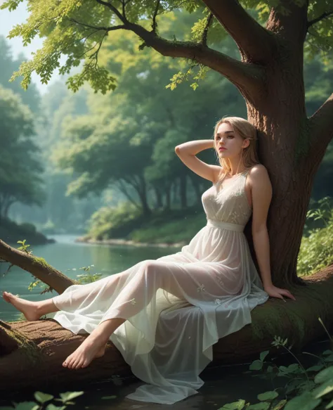 fairies playing at the waterfront、see-through dress、relaxing by sitting on a fallen tree