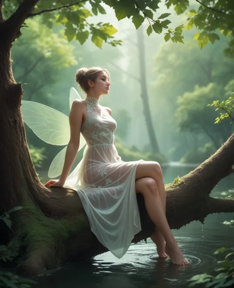 fairies playing at the waterfront、see-through dress、relaxing by sitting on a fallen tree